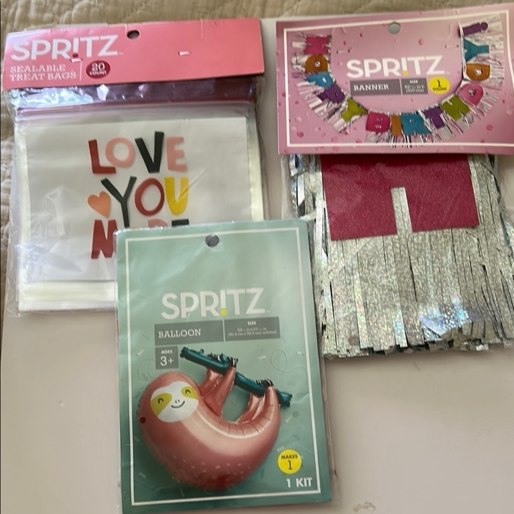 Spritz Party Kit.  Sloth Balloon, Happy Birthday Banner and 20 Treat Bags